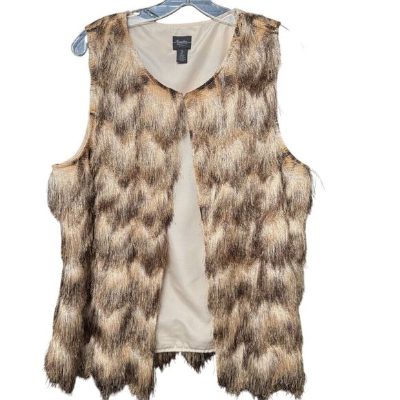 Chico's Jackets & Blazers - Chicos Travelers Collection Faux Fur Vest Open Front Brown Beige Textured 2